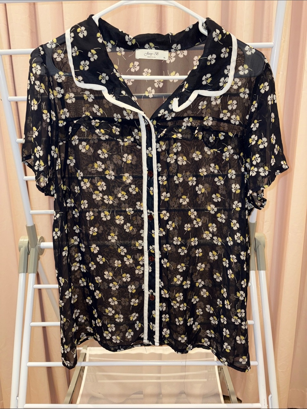 Sheer Navy Floral Button-Up Top with White Piping - XL